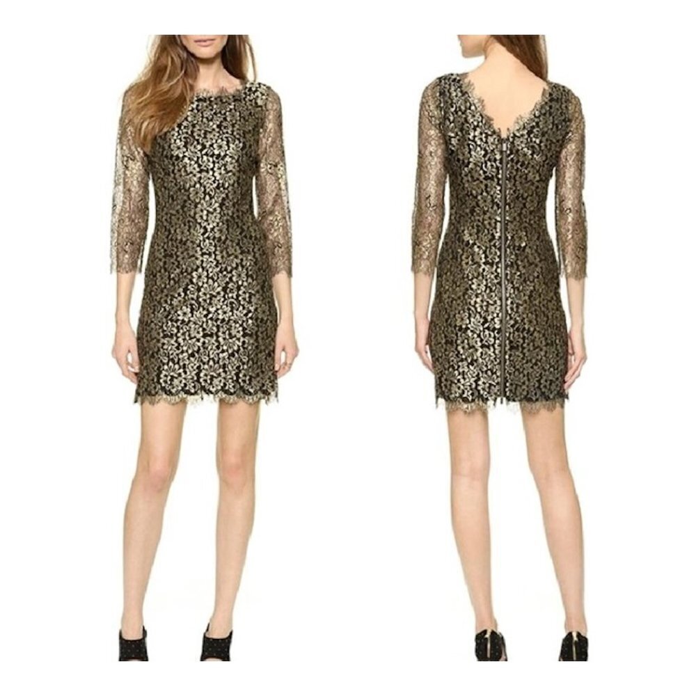 DIANE VON FURSTENBERG NWT $468 Gold Black ZARITA V-Back Lace Dress Size‎ 0